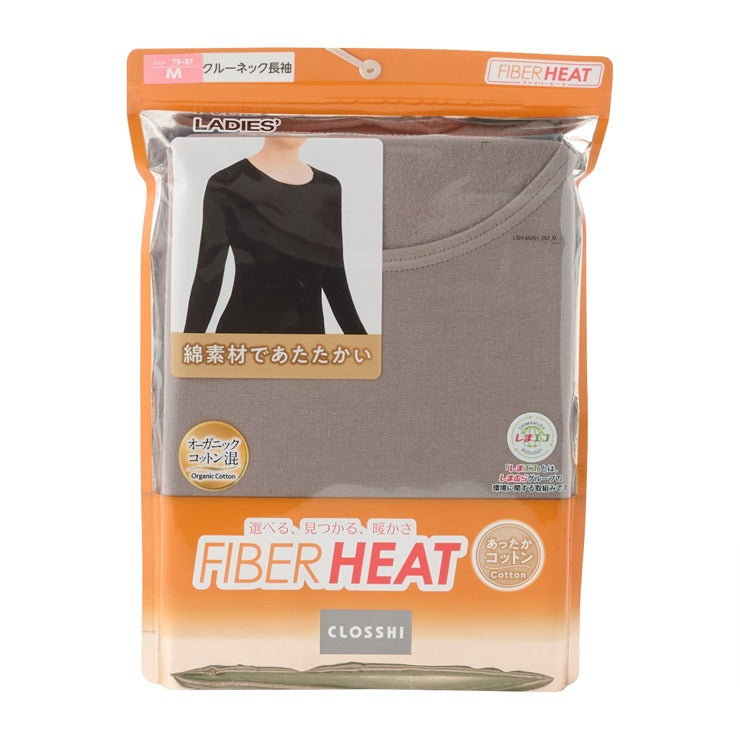 レディース クルーネック長袖インナー(S~LL・FIBER HEAT COTTON)
