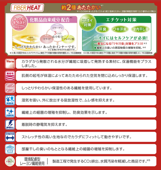 レディース クルーネック長袖(3L~6L・FIBER HEATプレミアム あったかモイスト)