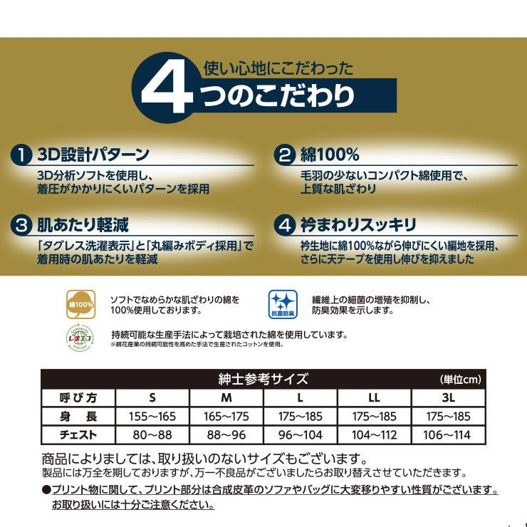 メンズ　2枚組半袖丸首インナー（4つのこだわり）
